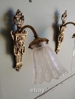 Pair of Antique Art Deco Bronze and Glass Wall Sconces