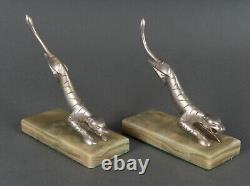 Pair of Art Deco 1930 bookends silvered bronze panthers on onyx H5435