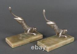Pair of Art Deco 1930 bookends silvered bronze panthers on onyx H5435