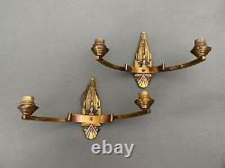 Pair of Art Deco 1930 geometric copper or bronze wall sconces XXth century H6169