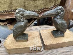 Pair of Art Deco Bookends in Solid Bronze with Toucan Birds
