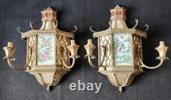 Pair of Art Deco Pagoda Wall Sconces Bronze, Brass, Enameled Glass, Silk/ 20th Century