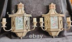 Pair of Art Deco Pagoda Wall Sconces Bronze, Brass, Enameled Glass, Silk/ 20th Century