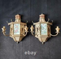 Pair of Art Deco Pagoda Wall Sconces Bronze, Brass, Enameled Glass, Silk/ 20th Century