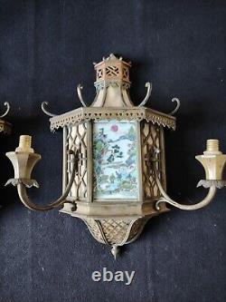 Pair of Art Deco Pagoda Wall Sconces Bronze, Brass, Enameled Glass, Silk/ 20th Century