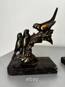 Pair of Art Deco Spelter Bird Bookends Signed Maurice Frécourt, Produced by Gallot