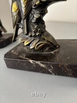 Pair of Art Deco Spelter Bird Bookends Signed Maurice Frécourt, Produced by Gallot