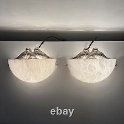 Pair of Art Deco Wall Sconces Alabaster Silvered Bronze Parrot Decor