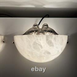 Pair of Art Deco Wall Sconces Alabaster Silvered Bronze Parrot Decor