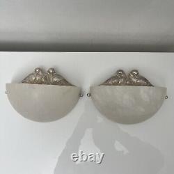 Pair of Art Deco Wall Sconces Alabaster Silvered Bronze Parrot Decor