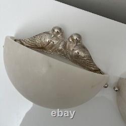 Pair of Art Deco Wall Sconces Alabaster Silvered Bronze Parrot Decor