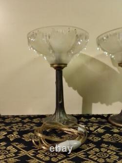 Pair of Art Deco bronze bedside lamps with bowls, signed EZAN