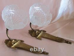 Pair of Art Deco bronze wall sconces with white satin glass tulips.