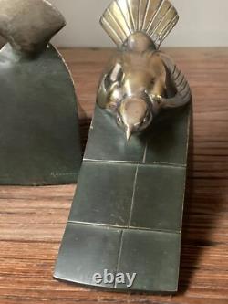 Pair of Bronze Bookends with Birds on a Roof by Henri Rischmann Art Deco