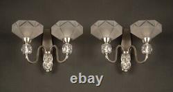 Pair of Double Art Deco Wall Sconces in Silvered Bronze with Blown and Molded Glass