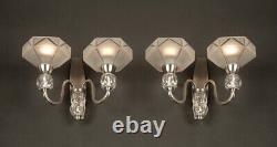 Pair of Double Art Deco Wall Sconces in Silvered Bronze with Blown and Molded Glass