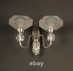 Pair of Double Art Deco Wall Sconces in Silvered Bronze with Blown and Molded Glass