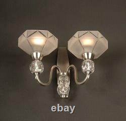 Pair of Double Art Deco Wall Sconces in Silvered Bronze with Blown and Molded Glass