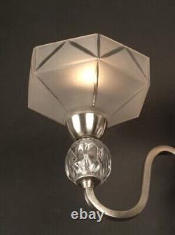 Pair of Double Art Deco Wall Sconces in Silvered Bronze with Blown and Molded Glass