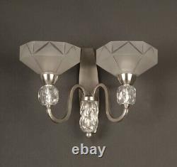 Pair of Double Art Deco Wall Sconces in Silvered Bronze with Blown and Molded Glass