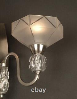 Pair of Double Art Deco Wall Sconces in Silvered Bronze with Blown and Molded Glass