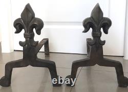 Pair of Fireplace Chenets with Fleur De Lys Decoration in Bronze and Iron, Art Deco