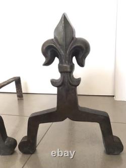 Pair of Fireplace Chenets with Fleur De Lys Decoration in Bronze and Iron, Art Deco