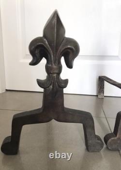 Pair of Fireplace Chenets with Fleur De Lys Decoration in Bronze and Iron, Art Deco