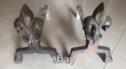 Pair of Fireplace Chenets with Fleur De Lys Decoration in Bronze and Iron, Art Deco
