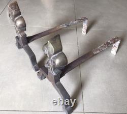 Pair of Fireplace Chenets with Fleur De Lys Decoration in Bronze and Iron, Art Deco