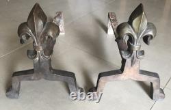 Pair of Fireplace Chenets with Fleur De Lys Decoration in Bronze and Iron, Art Deco