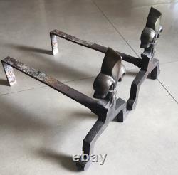 Pair of Fireplace Chenets with Fleur De Lys Decoration in Bronze and Iron, Art Deco