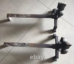 Pair of Fireplace Chenets with Fleur De Lys Decoration in Bronze and Iron, Art Deco