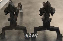 Pair of Fireplace Chenets with Fleur De Lys Decoration in Bronze and Iron, Art Deco