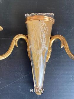 Pair of Louis XVI-style gilt bronze and engraved glass vase wall sconces, Art Deco