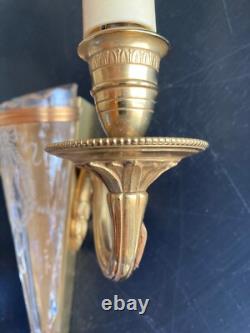 Pair of Louis XVI-style gilt bronze and engraved glass vase wall sconces, Art Deco