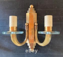 Pair of gilt bronze wall sconces with crystal glass discs Art Deco horn steps 1930