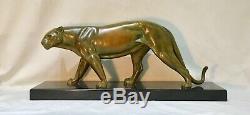 Panther In Bronze Patina Green Nuanced Gray Signed Leducq-art Deco