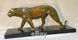 Panther In Bronze Patina Green Nuanced Gray Signed Leducq-art Deco