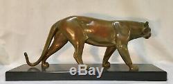 Panther In Bronze Patina Green Nuanced Gray Signed Leducq-art Deco