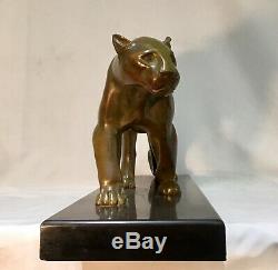 Panther In Bronze Patina Green Nuanced Gray Signed Leducq-art Deco