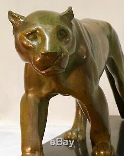 Panther In Bronze Patina Green Nuanced Gray Signed Leducq-art Deco