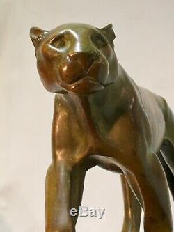 Panther In Bronze Patina Green Nuanced Gray Signed Leducq-art Deco