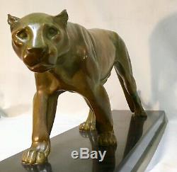Panther In Bronze Patina Green Nuanced Gray Signed Leducq-art Deco