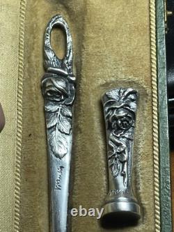 Paper Knife Set + Solid Bronze Seal, Silver-Plated, Signed M. BERTIN, Art Deco