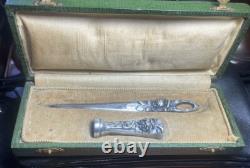 Paper Knife Set + Solid Bronze Seal, Silver-Plated, Signed M. BERTIN, Art Deco