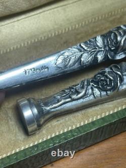 Paper Knife Set + Solid Bronze Seal, Silver-Plated, Signed M. BERTIN, Art Deco