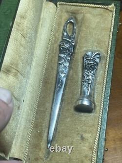 Paper Knife Set + Solid Bronze Seal, Silver-Plated, Signed M. BERTIN, Art Deco
