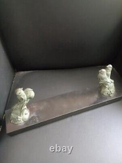 Patinated bronze sparrows photo holder Signed FRECOURT art deco on marble