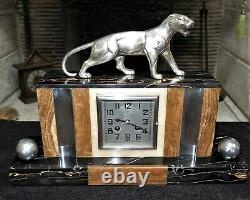 Pendulum Art Deco Marble And Bronze Panther Hugues French Clock